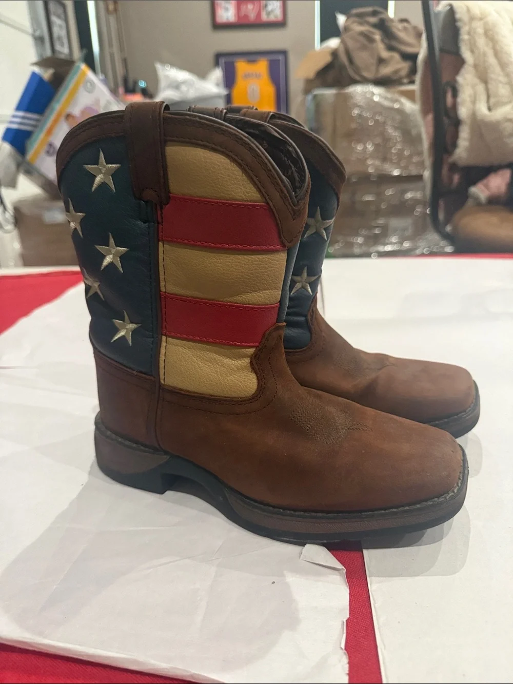 Durango Kids Brown Leather Western Boots with Red, White & Blue Flag Shaft